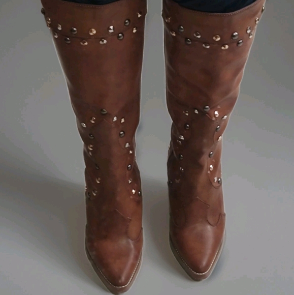 New Cato Womens Comfort Faux Leather Western Studded Tall Boots Brown Size 8M - Picture 1 of 14